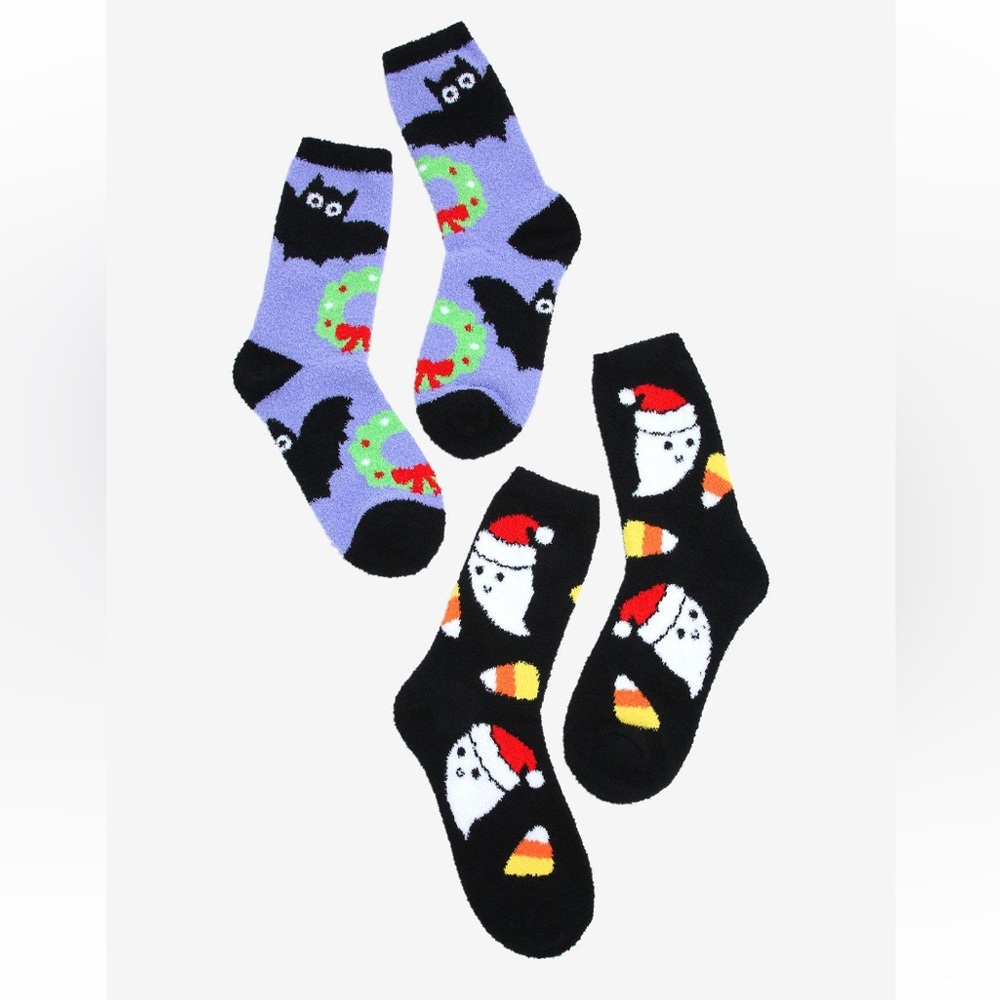 Hot Topic Halloween Christmas Icons Ghost Bat Fuzzy Socks 2 Pack
